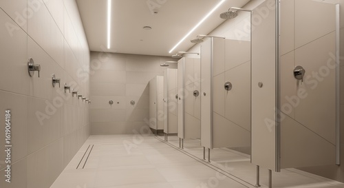 Clean Minimalist Communal Shower Facility with Tiled Walls Linear Lighting and Stainless Stee