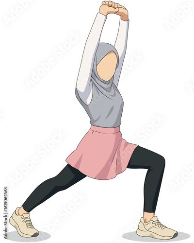 Muslim women engaging fitness and athletic activities. Female wearing hijab doing workout and exercise. Flat vector illustrations arabic girl promoting healthy lifestyle. Lady in sporty grey outfit.