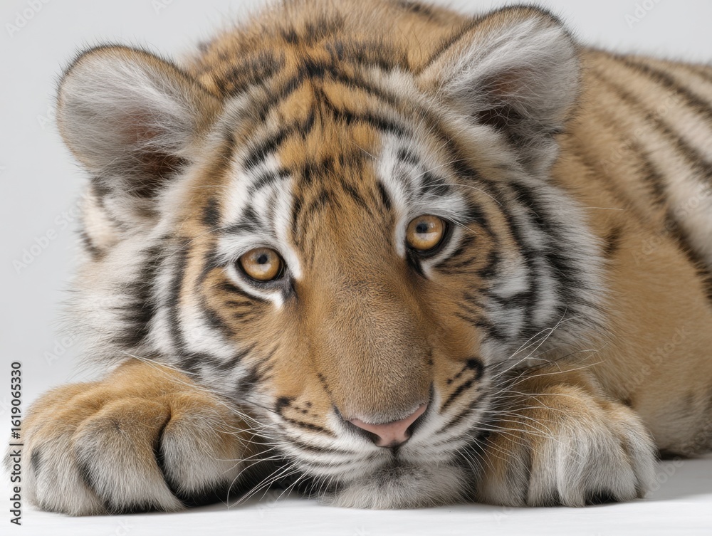 Fototapeta premium Vivid Photorealistic Bengal Tiger Cub Lying Down with Soft Features