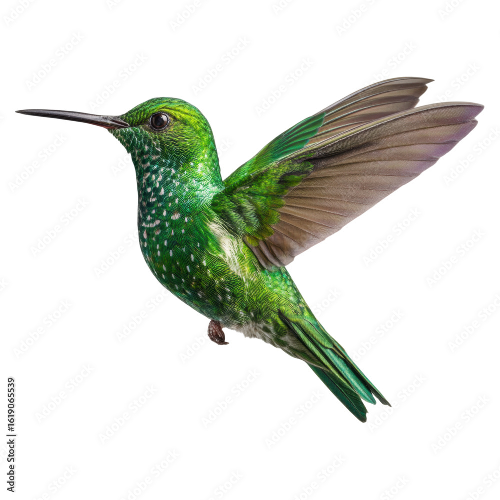 Fototapeta premium Photorealistic Hummingbird Hovering Mid Air with Iridescent Feathers