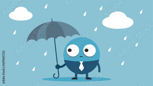 Concept 1 A cartoonstyle character stands in the rain holding a brightly colored umbrella riddled with large uneven holes. Raindrops are falling through the holes splashing onto
