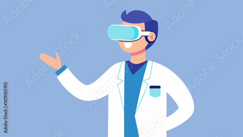 Doctor in VR Headset An illustration of a doctor wearing a virtual reality headset gesturing with one hand as if explaining soing to the patient.
