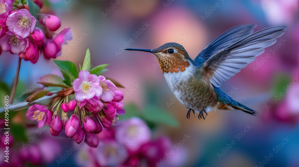 Obraz premium Brilliant hummingbird mid-flight with wings blurred, poised beside clusters of bright pink blossoms, gentle sunlight filtering through a vibrant garden background