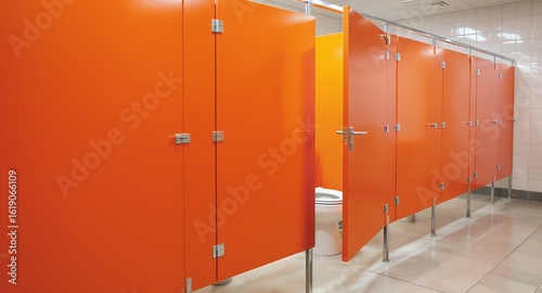 Modern Public Restroom Interior with Bright Orange Toilet Stalls and Clean Tiled Floors
