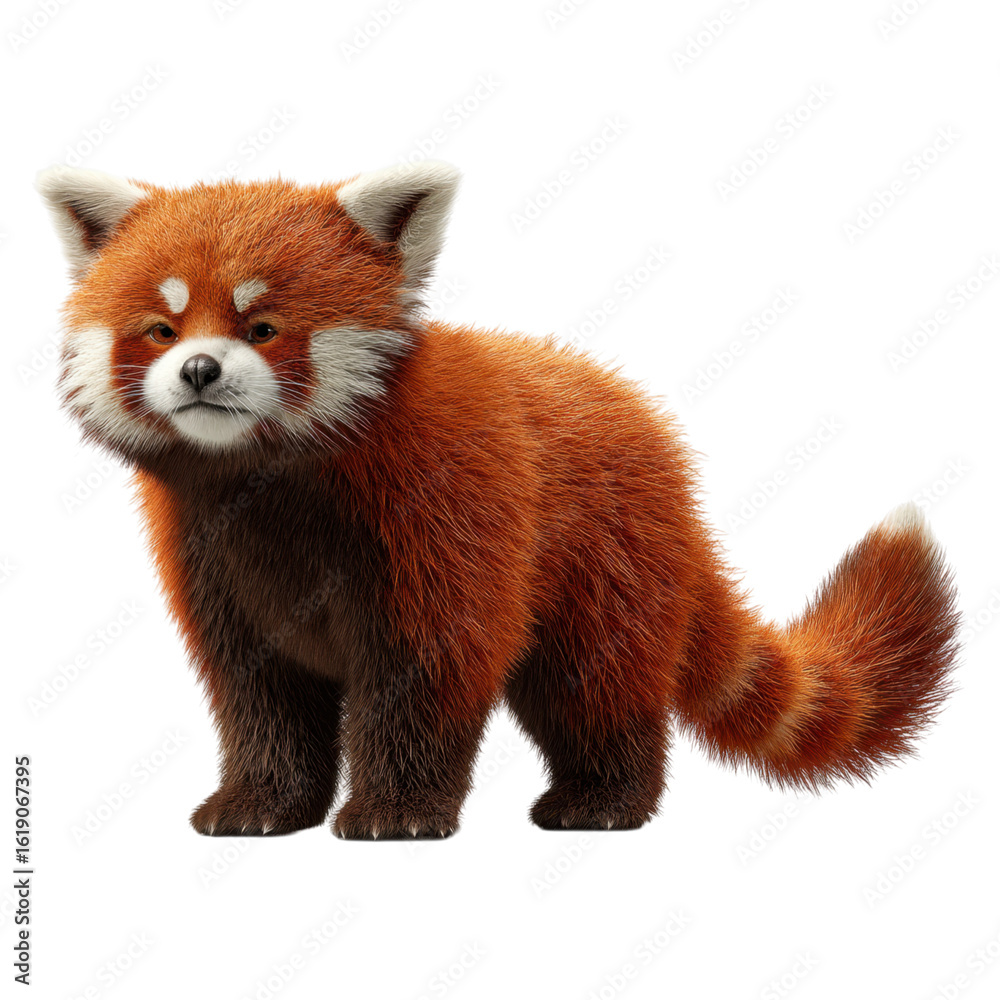Obraz premium Fluffy Red Panda Standing Upright in Realistic Forest Setting