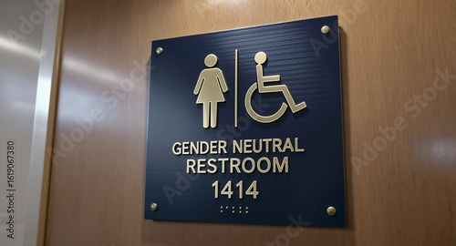 Accessible Gender Neutral Restroom Sign on Wood Door Indicating Inclusive Public Facilities and