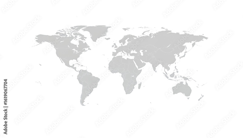 Naklejka premium Simple grey world map illustration, graphic representation of Earth continents, countries. Minimalist design for global business, international trade, travel, presentations. Clean graphic for
