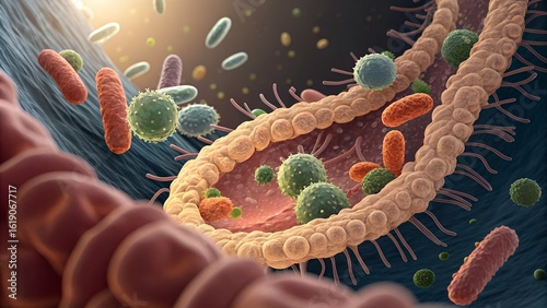 Realistic depiction of gut microbiota — diverse bacteria interacting with intestinal lining, some producing vitamins