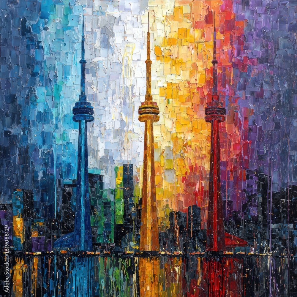 Naklejka premium Colorful Toronto skyline painting, city view, night, artistic impression, home decor