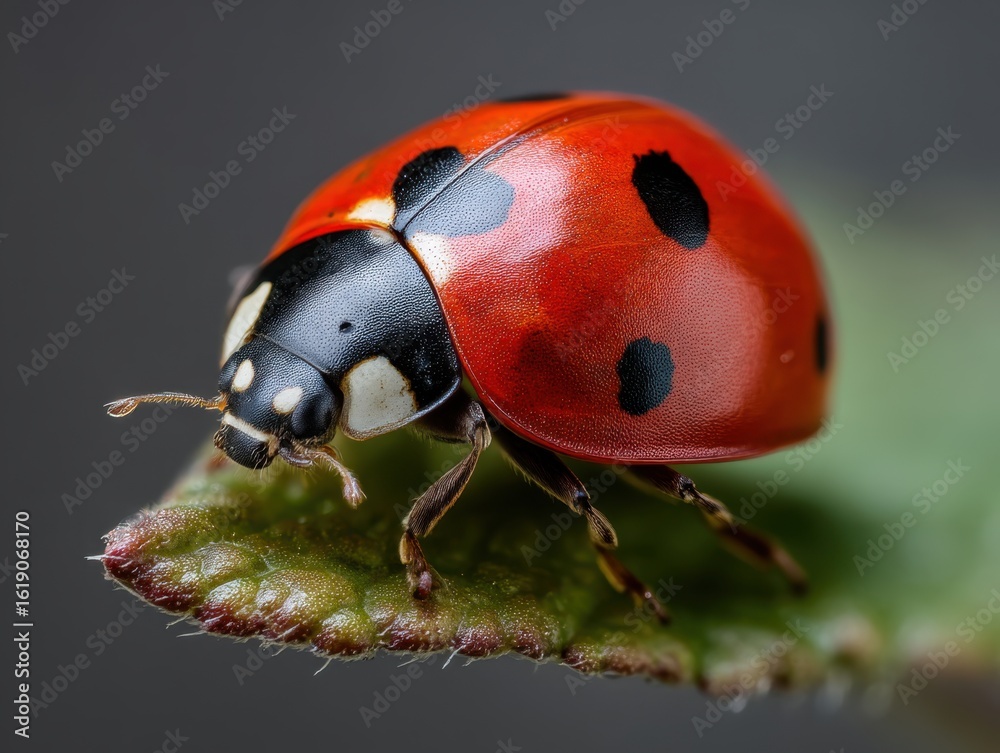 Fototapeta premium Vivid Red Ladybug Perched on Leaf Edge in Macro Perspective