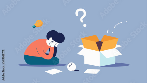 Character Drawing a New Path A character is kneeling beside an open box sketching a new path on a piece of paper that leads away from the box. The box is filled with cled papers