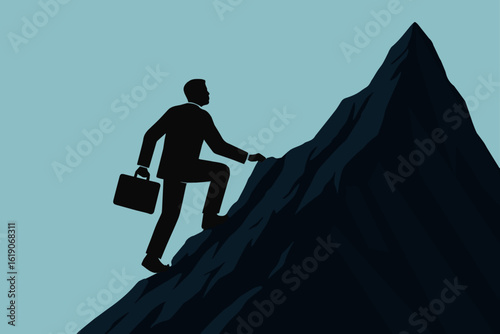 Vector illustration of a determined businessman climbing a mountain for success, carrying a briefcase and achieving career goals