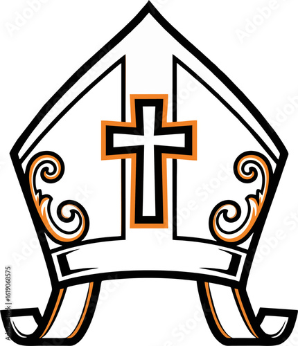 White Bishop Mitre Vector Icon with Orange Cross and Ornamental Swirls