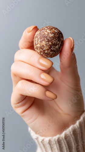 Hand holding a plant-based energy ball against a neutral background