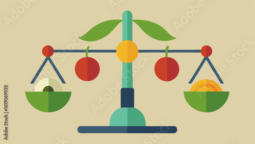 Food and DNA Scale A balancing scale with one side holding fruits and vegetables and the other side holding a DNA strand depicting the balance needed in personalized nutrition.