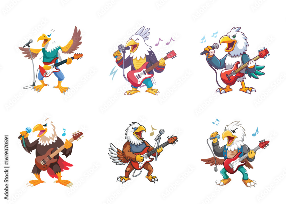 Fototapeta premium Cartoon Eagle Rock Stars Performing with Guitars and Microphones Illustration Set