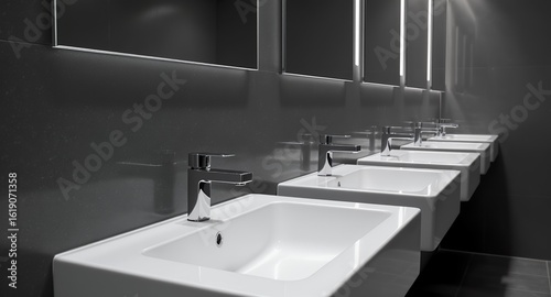 Row of Modern White Sinks with Chrome Faucets in a Clean Minimalist Public Bathroom Interior De