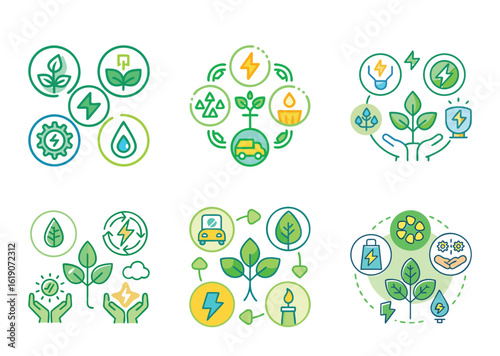 Vector Illustration Set Exploring Renewable Energy Sources and Sustainable Living Concepts