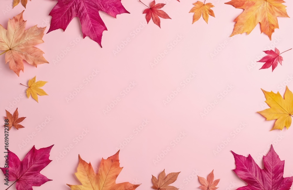 Multrinsic autumn leaves frame soft pink background, vibrant fall colors like red, orange, yellow, purple. Maple foliage displays intricate textures, patterns, suggesting natural, botanical theme. Multrinsic autumn leaves frame soft pink background, vibrant fall colors like red, orange, yellow, purple. Maple foliage displays intricate textures, patterns, suggesting natural, botanical theme.