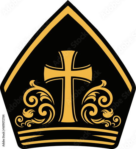 Elegant Black and Gold Bishop Mitre Vector Icon with Curved Cross and Ornamental Swirls