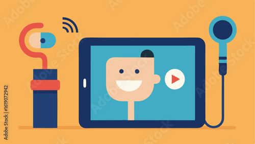 Connected Otoscope A digital ear examination tool linked to a tablet showing a realtime video feed of the ear canal with a smiling face indicating a successful diagnosis.