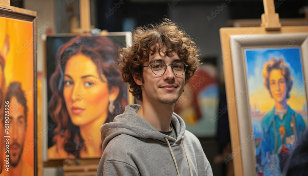 Obraz premium Young artist with curly hair and glasses smiles at an art exhibition. Surrounded by his paintings of people. Shows creativity, passion for art, and talent at a culture event.