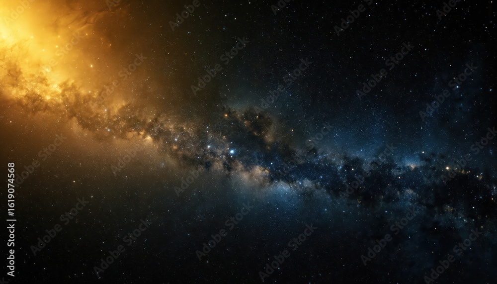 Obraz premium Breathtaking night sky displays a radiant golden galaxy band contrasting with deep blue. Countless stars twinkle across the vast universe, creating a magical celestial scene.