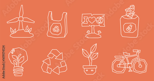 Minimal White Line Earth Day Elements Icon Set in Cutout Style