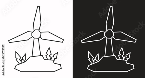 Wind Turbine Icon in Black Line Art and White Line Art Cutout Style
