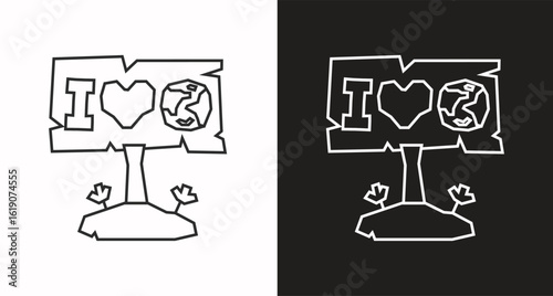 I Love Earth Sign Icon in Black Line Art and White Line Art Cutout Style