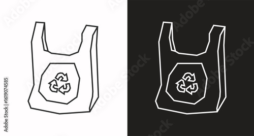 Reusable Shopping Bag Icon in Black Line Art and White Line Art Cutout Style