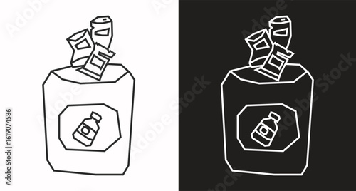 Recycling Bin Icon in Black Line Art and White Line Art Cutout Style
