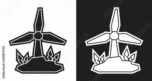 Wind Turbine Icon in Black Filled and White Filled Cutout Style
