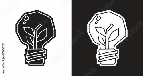 Plant Light Bulb Icon in Black Filled and White Filled Cutout Style