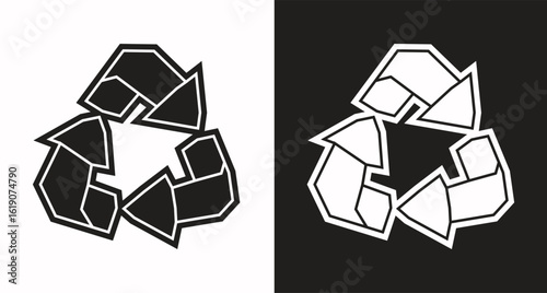 Recycling Symbol Icon in Black Filled and White Filled Cutout Style