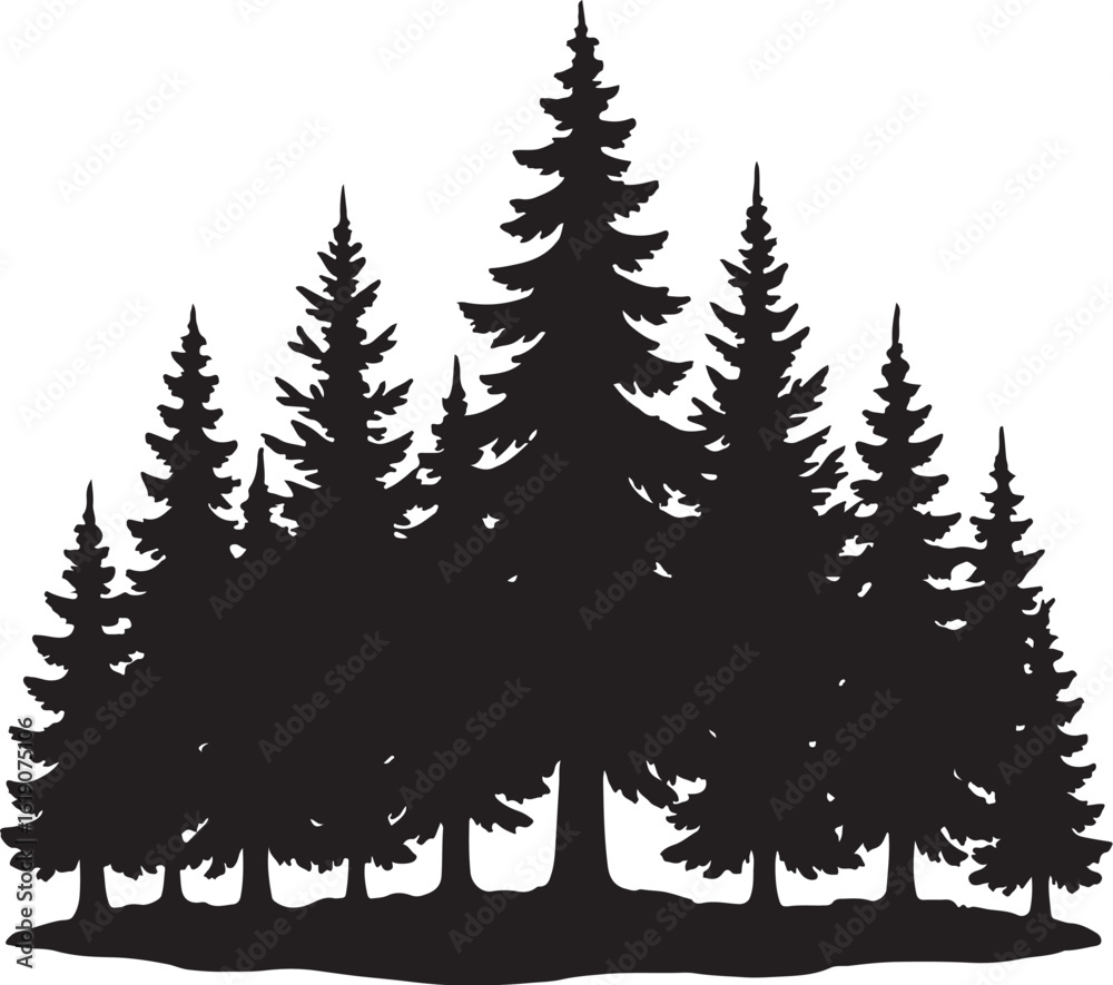 Obraz premium A vector illustration of silhouette of a coniferous forest isolated on white background, a serene landscape with evergreen trees
