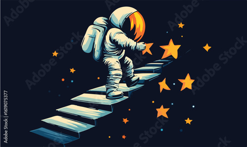 Astronaut climbing star steps toward cosmic achievement, reaching for aspirations in vibrant space