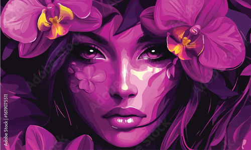 Captivating portrait of a woman adorned with vibrant purple orchids, evoking beauty and mystique
