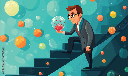 Business professional carefully climbing stairs holding a bubble with red spheres, symbolizing growth and opportunity.