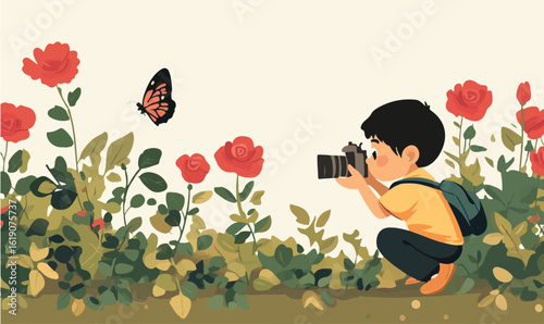 Joyful child photographer captures stunning butterfly amidst vibrant roses, embracing nature's beauty.