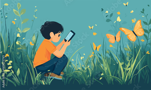 Curious child engrossed in nature, observing butterflies with a smartphone in a lush meadow
