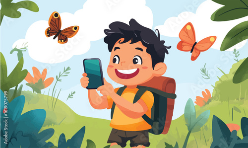 Joyful boy with backpack uses smartphone to capture butterflies in vibrant nature scene