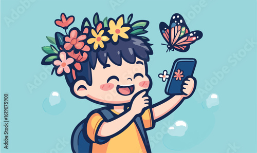 Joyful child with flower crown captures butterfly moment on phone, radiating summer happiness and wonder