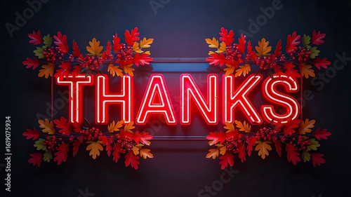 Neon thanks text with autumn leaves decoration