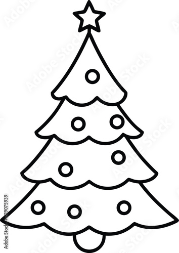 christmas tree with ornaments line art vector illustration on transparent background