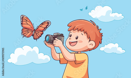 Joyful child captures butterfly's flight with vintage camera amidst fluffy clouds and blue sky