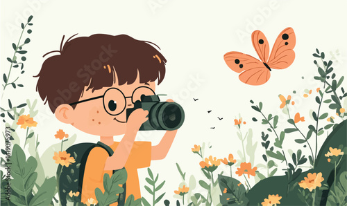Curious child with camera captures vibrant butterfly amidst blooming wildflowers and lush greenery