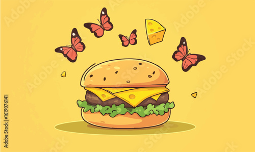 Whimsical burger with flying butterflies and cheese, perfect for fun food concepts and playful designs