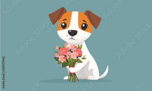 Adorable cartoon puppy with a bouquet of flowers offering a sweet surprise and heartfelt gesture