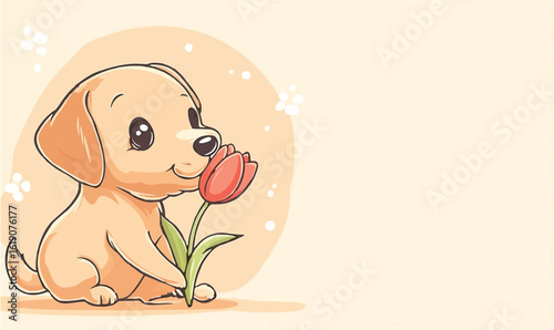 Adorable cartoon puppy delights in the sweet scent of a single red tulip, evoking joy and springtime.
